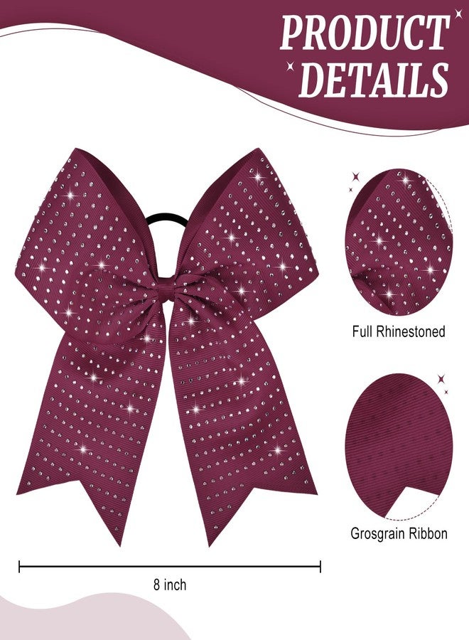 CEELGON 12 PCS Burgundy Glitter Cheer Bows Large 8” Full Rhinestones Shiny Cheer Bow Elastic Hair Tie Bows for Teens Girls Softball Competition Sports Cheerleaders (Burgundy) - Image 2